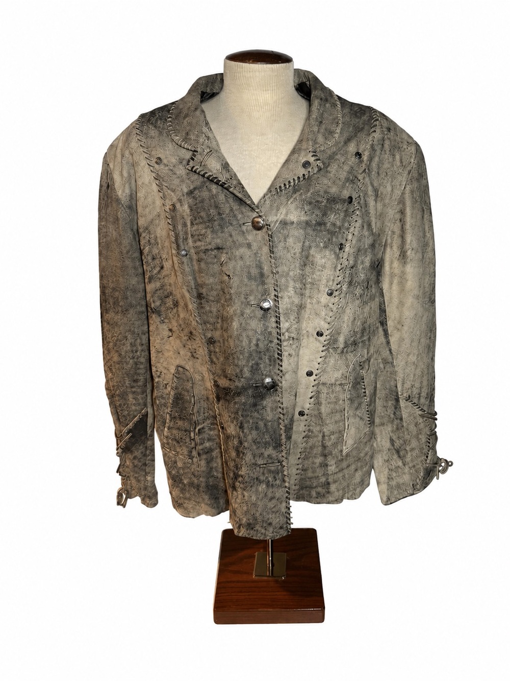 Distressed Gray Suede Button-Front Leather Jacket 009